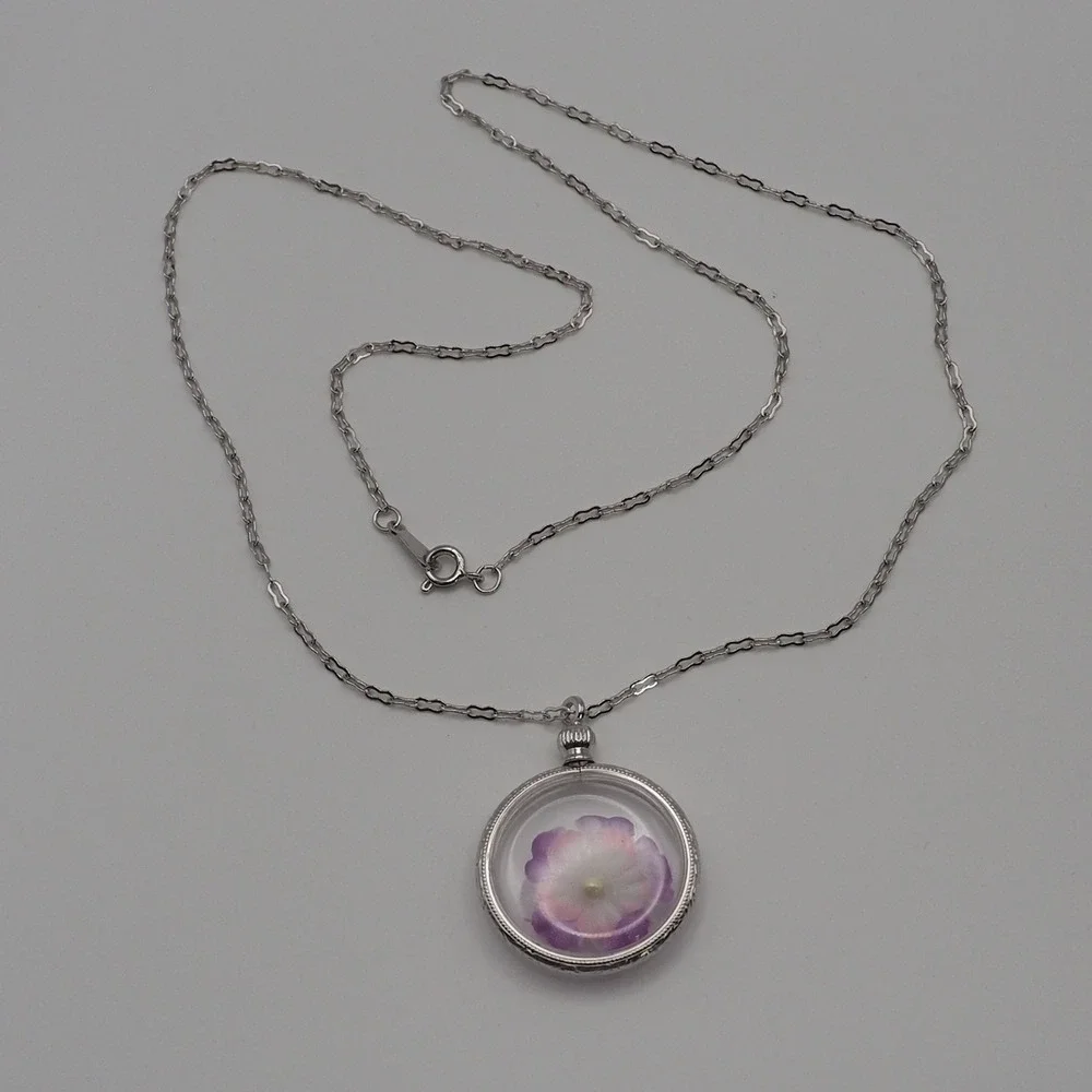 Vintage Avon Necklace Purple Flower Collectors Locket Pendant Silver Tone Chain